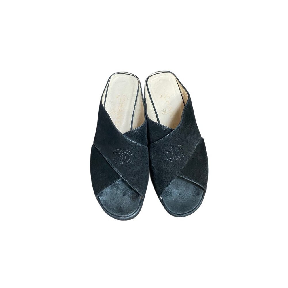 Chanel Women's Black Suede & Leather Slip-On Sandals-LT3005 - Picture 6 of 9